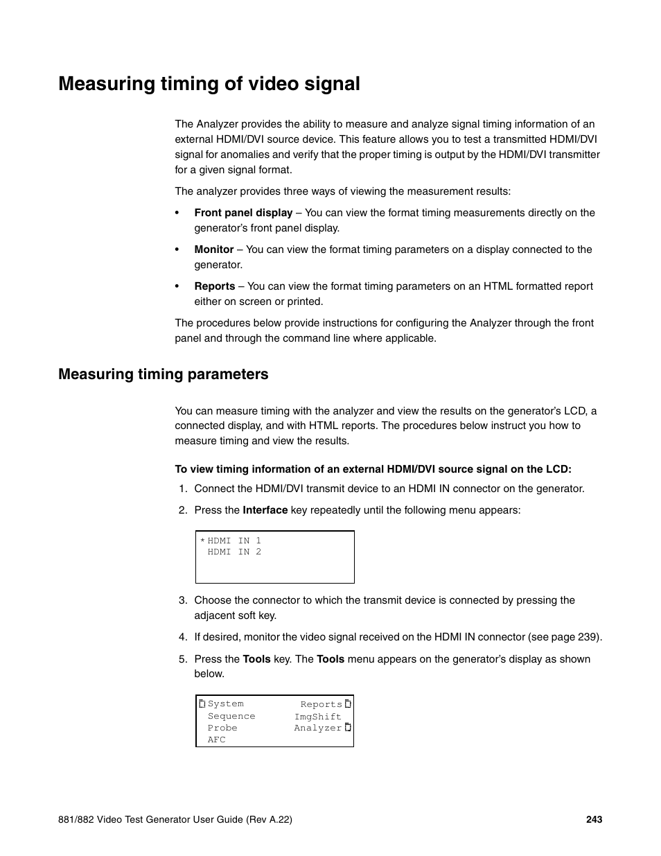 Measuring timing of video signal, Measuring timing parameters | Quantum Data 881 User Manual | Page 261 / 1268