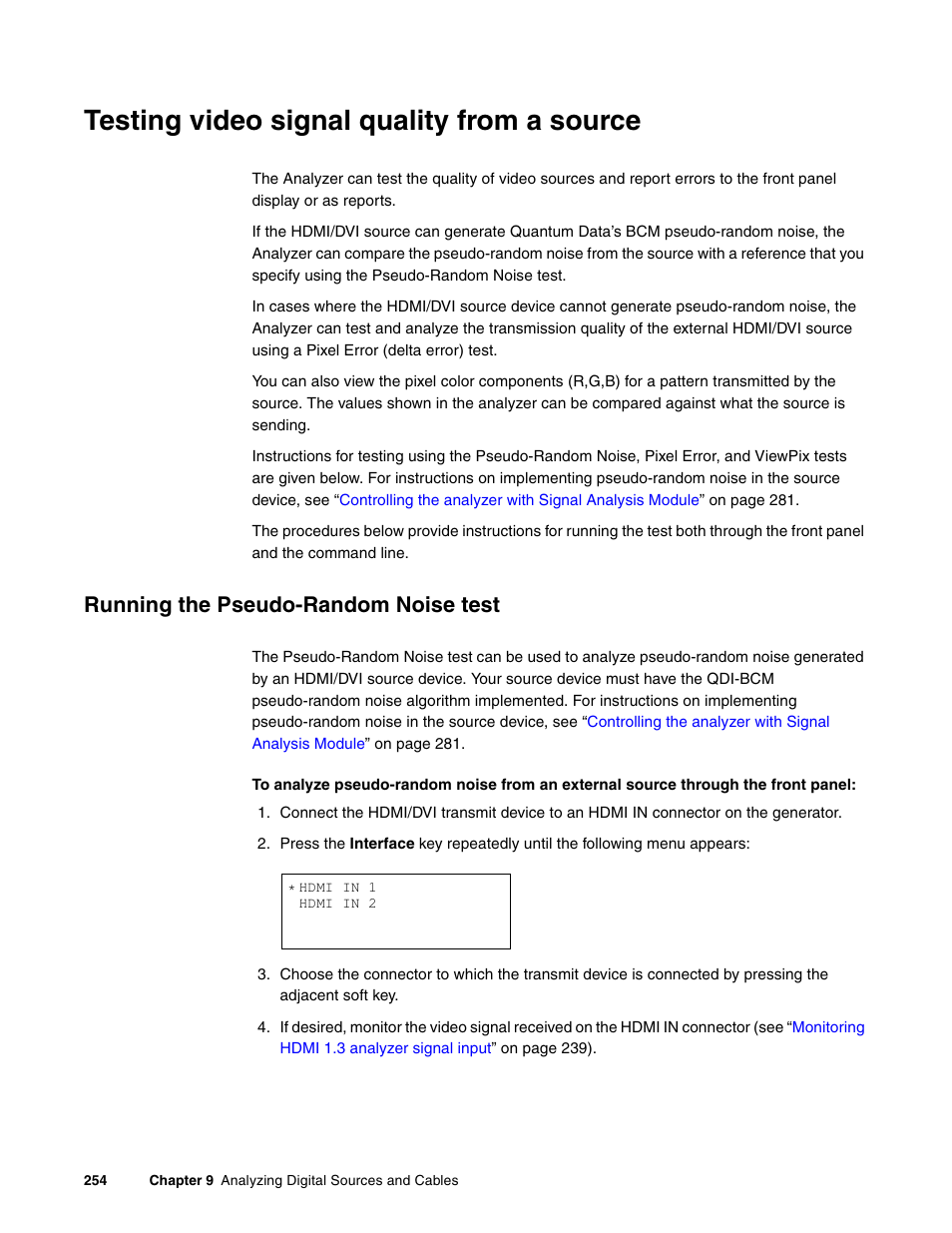 Testing video signal quality from a source, Running the pseudo-random noise test | Quantum Data 881 User Manual | Page 272 / 1268