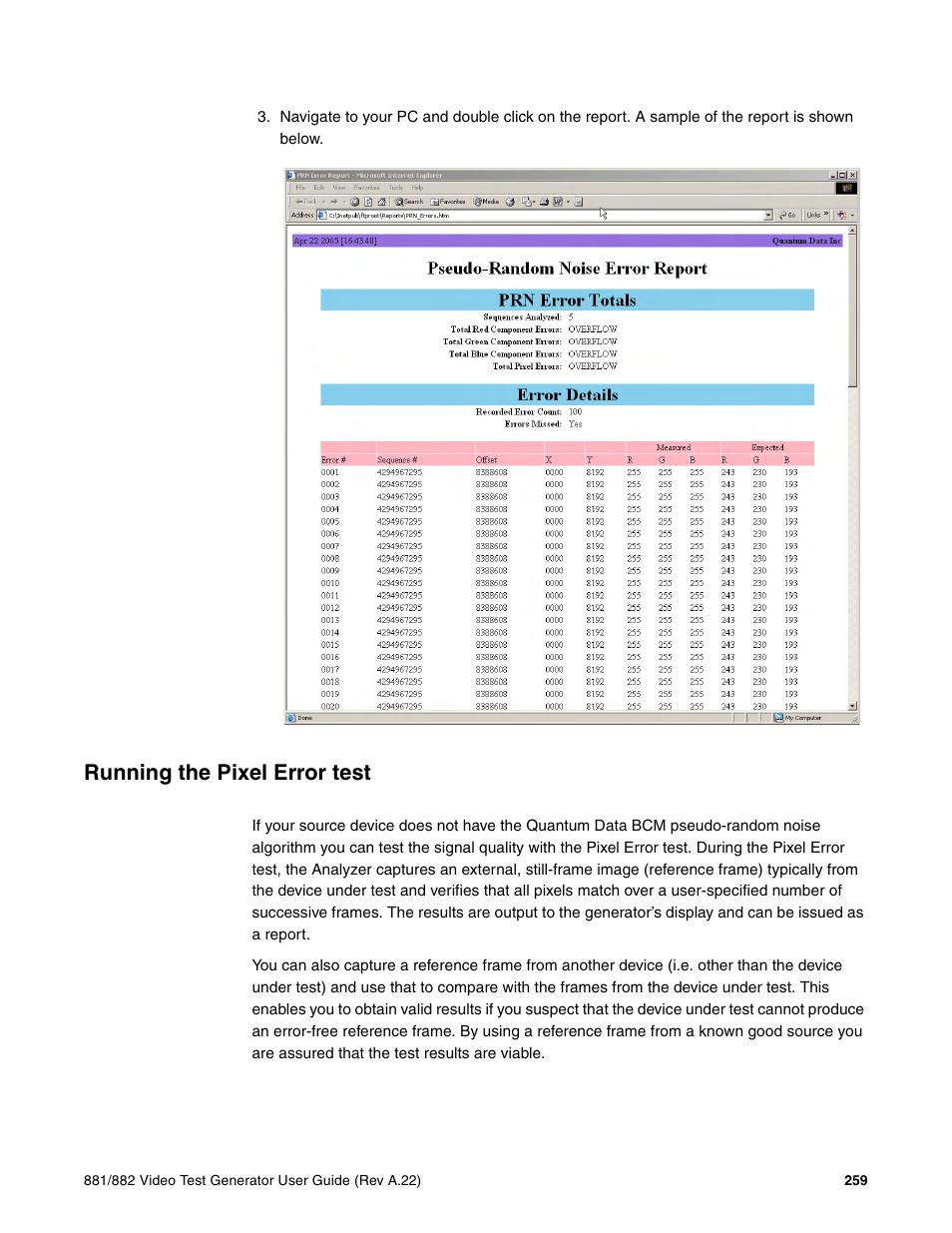 Running the pixel error test | Quantum Data 881 User Manual | Page 277 / 1268