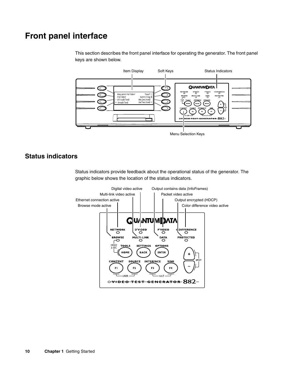 Front panel interface, Status indicators | Quantum Data 881 User Manual | Page 28 / 1268