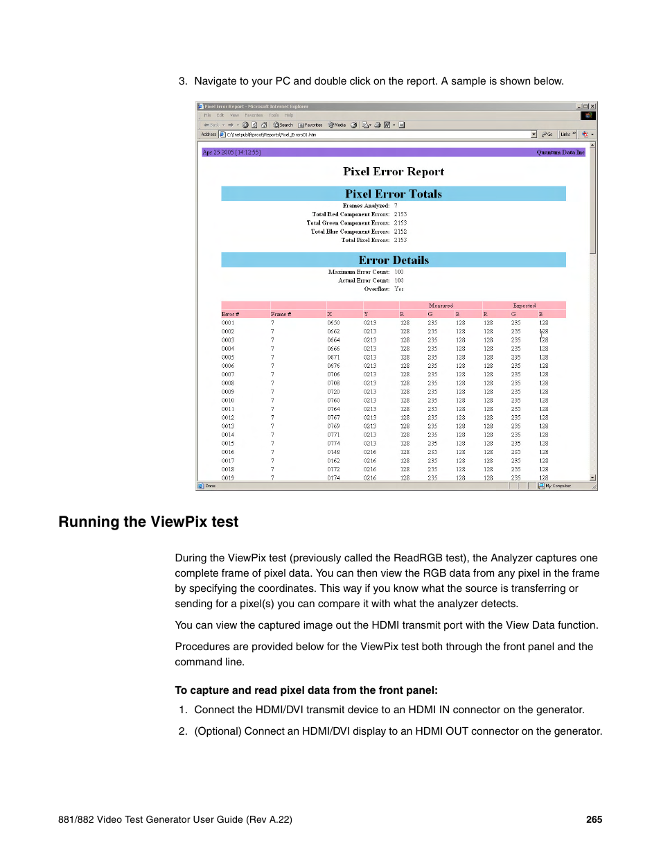 Running the viewpix test | Quantum Data 881 User Manual | Page 283 / 1268