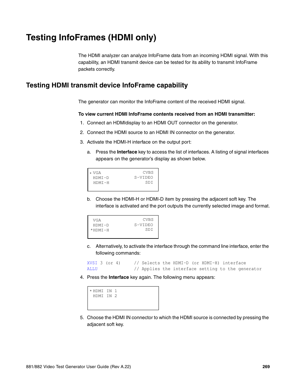 Testing infoframes (hdmi only), Testing hdmi transmit device infoframe capability | Quantum Data 881 User Manual | Page 287 / 1268