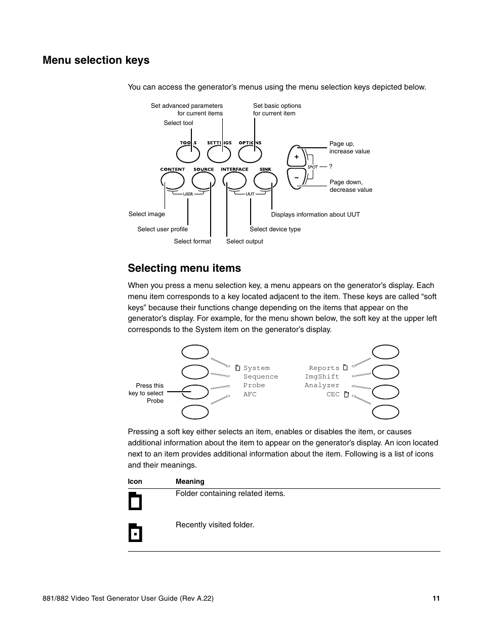 Menu selection keys, Selecting menu items | Quantum Data 881 User Manual | Page 29 / 1268