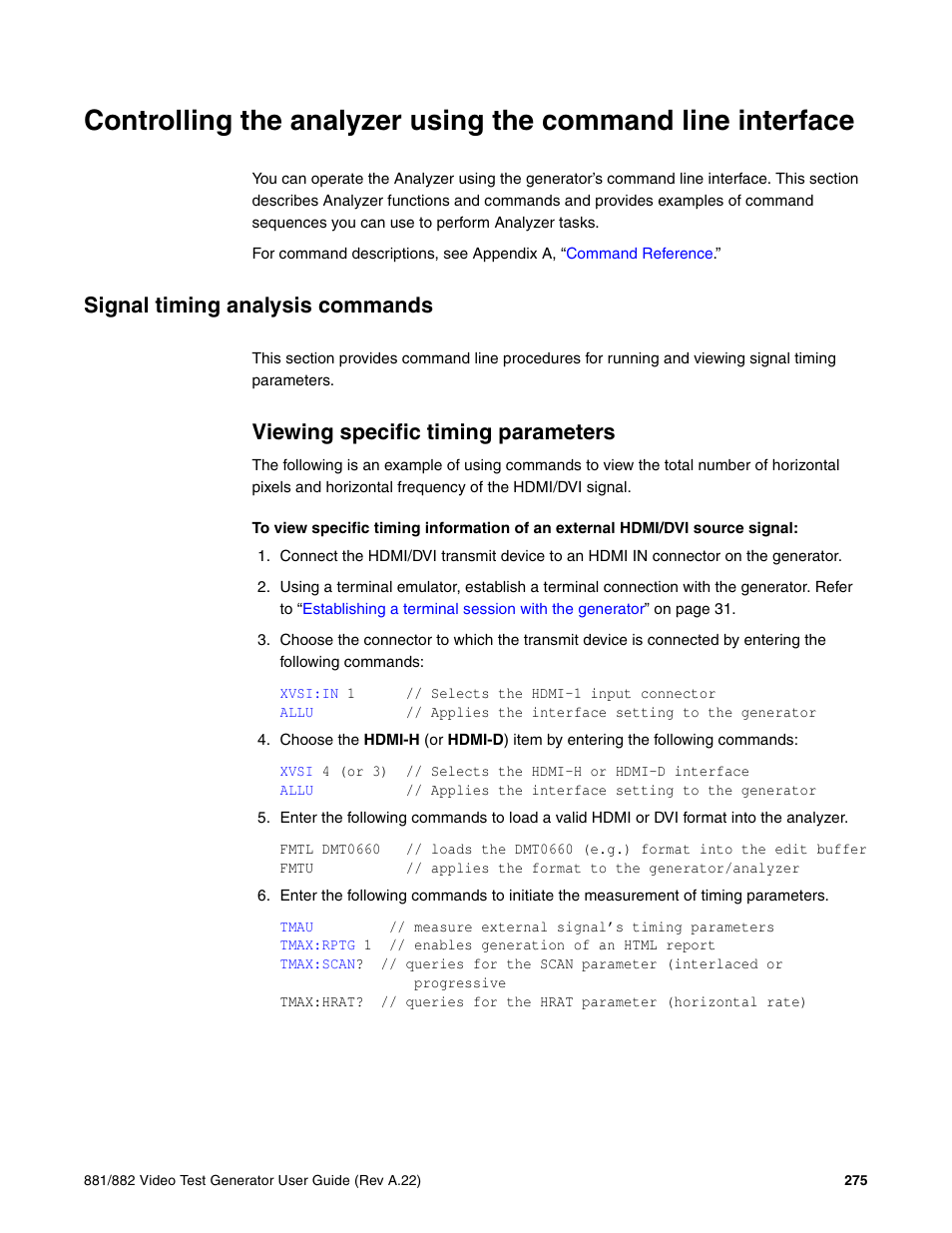 Signal timing analysis commands, Viewing specific timing parameters | Quantum Data 881 User Manual | Page 293 / 1268