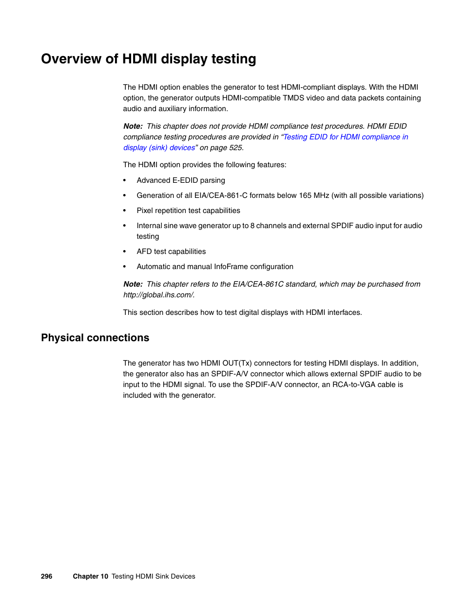 Overview of hdmi display testing, Physical connections | Quantum Data 881 User Manual | Page 314 / 1268
