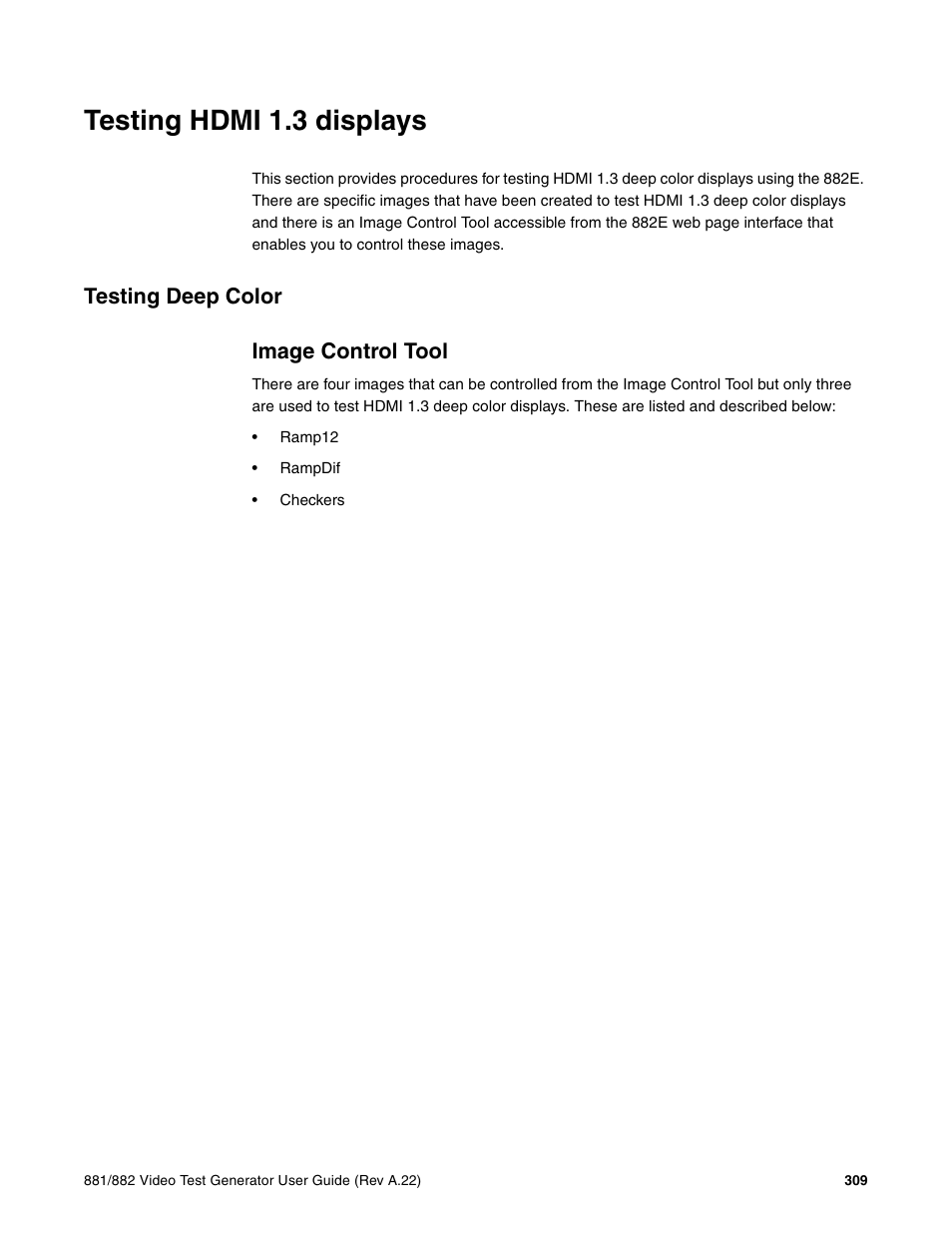 Testing hdmi 1.3 displays, Testing deep color, Image control tool | Testing deep color image control tool | Quantum Data 881 User Manual | Page 327 / 1268