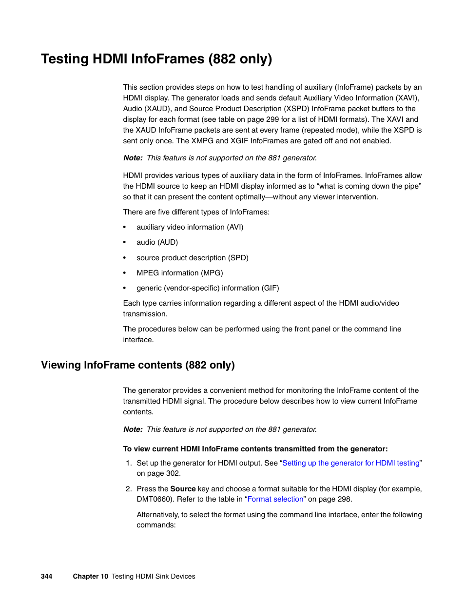 Testing hdmi infoframes (882 only), Viewing infoframe contents (882 only) | Quantum Data 881 User Manual | Page 362 / 1268