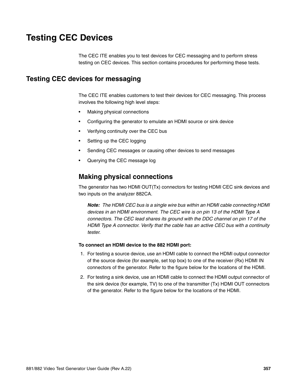 Testing cec devices, Testing cec devices for messaging, Making physical connections | Quantum Data 881 User Manual | Page 375 / 1268