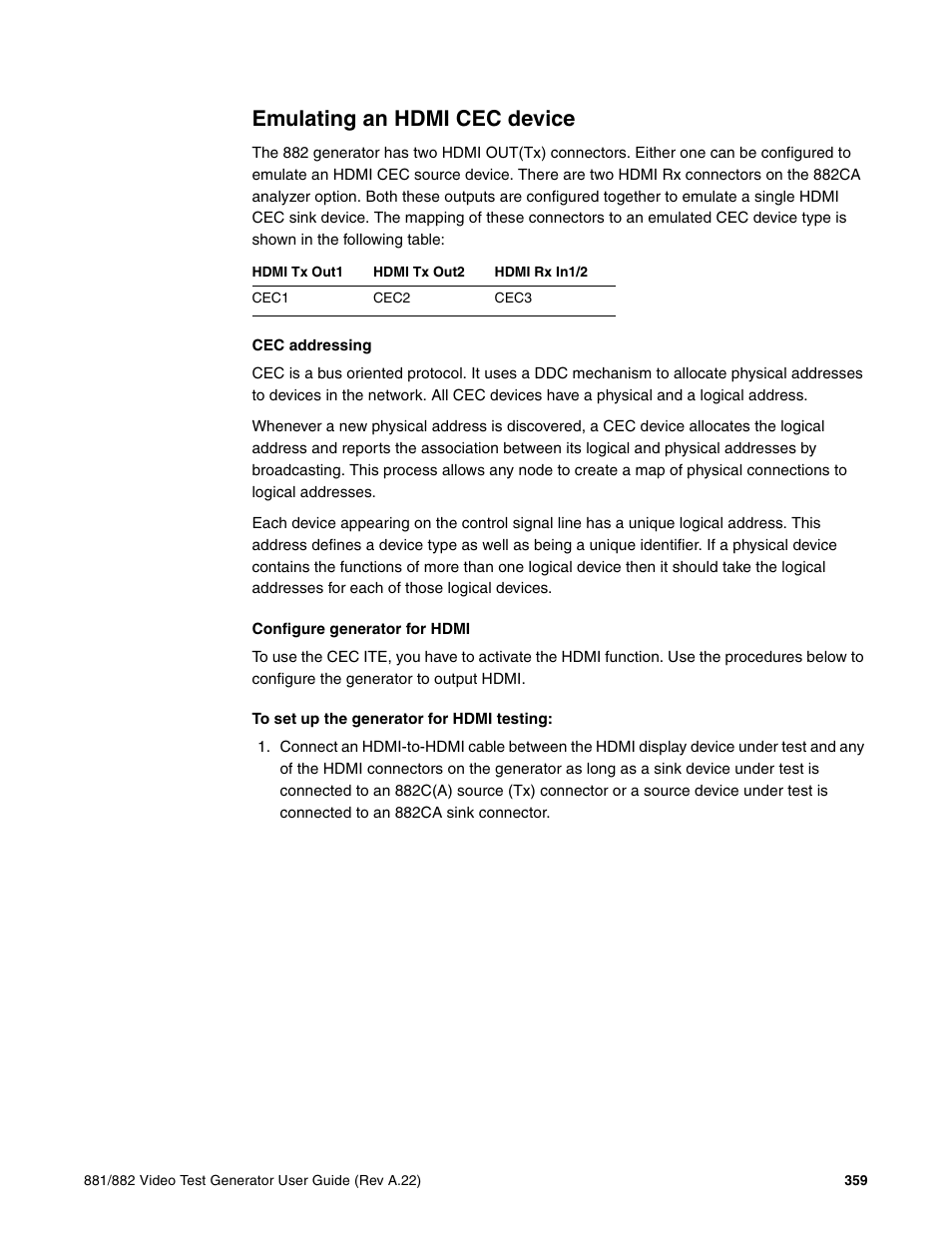 Emulating an hdmi cec device, Cec addressing, Configure generator for hdmi | Quantum Data 881 User Manual | Page 377 / 1268