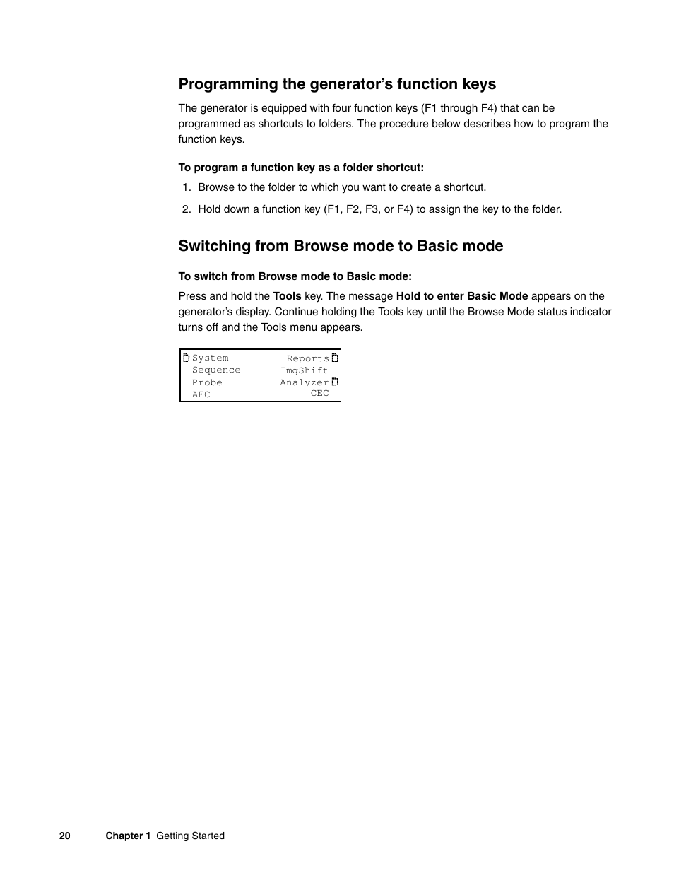 Programming the generator’s function keys, Switching from browse mode to basic mode | Quantum Data 881 User Manual | Page 38 / 1268