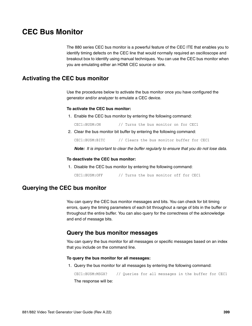 Cec bus monitor, Activating the cec bus monitor, Querying the cec bus monitor | Query the bus monitor messages | Quantum Data 881 User Manual | Page 417 / 1268