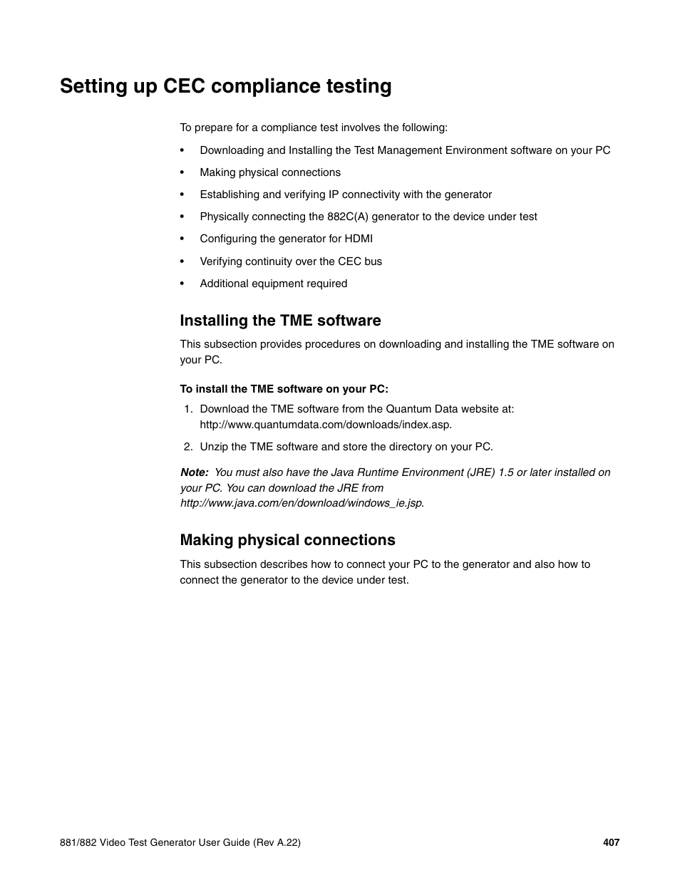 Setting up cec compliance testing, Installing the tme software, Making physical connections | Quantum Data 881 User Manual | Page 425 / 1268