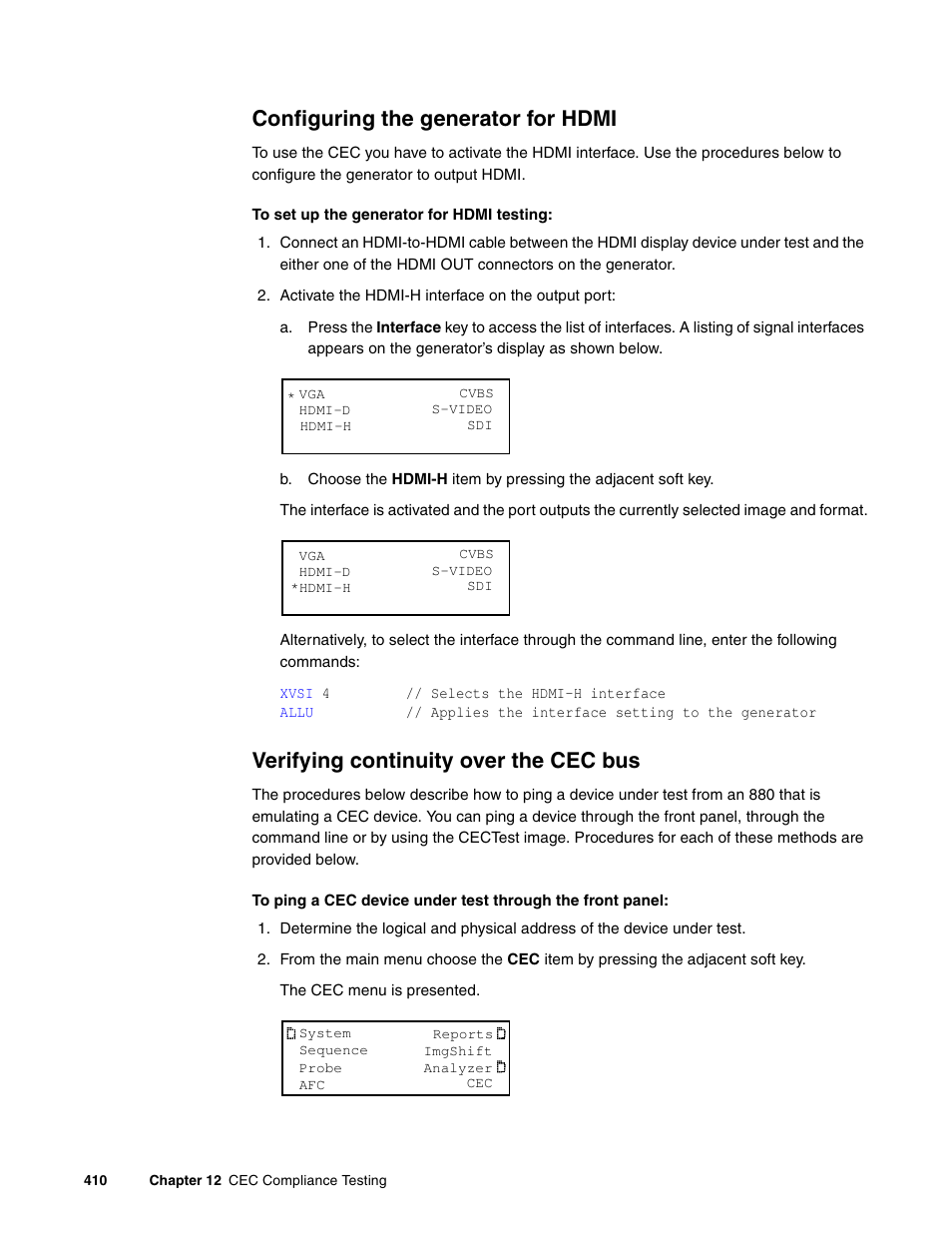 Configuring the generator for hdmi, Verifying continuity over the cec bus | Quantum Data 881 User Manual | Page 428 / 1268