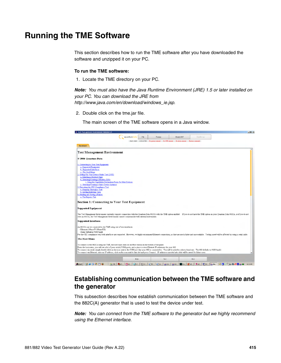 Running the tme software | Quantum Data 881 User Manual | Page 433 / 1268