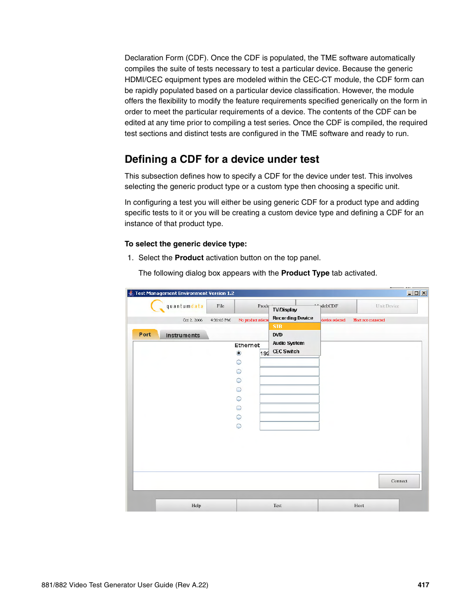 Defining a cdf for a device under test | Quantum Data 881 User Manual | Page 435 / 1268