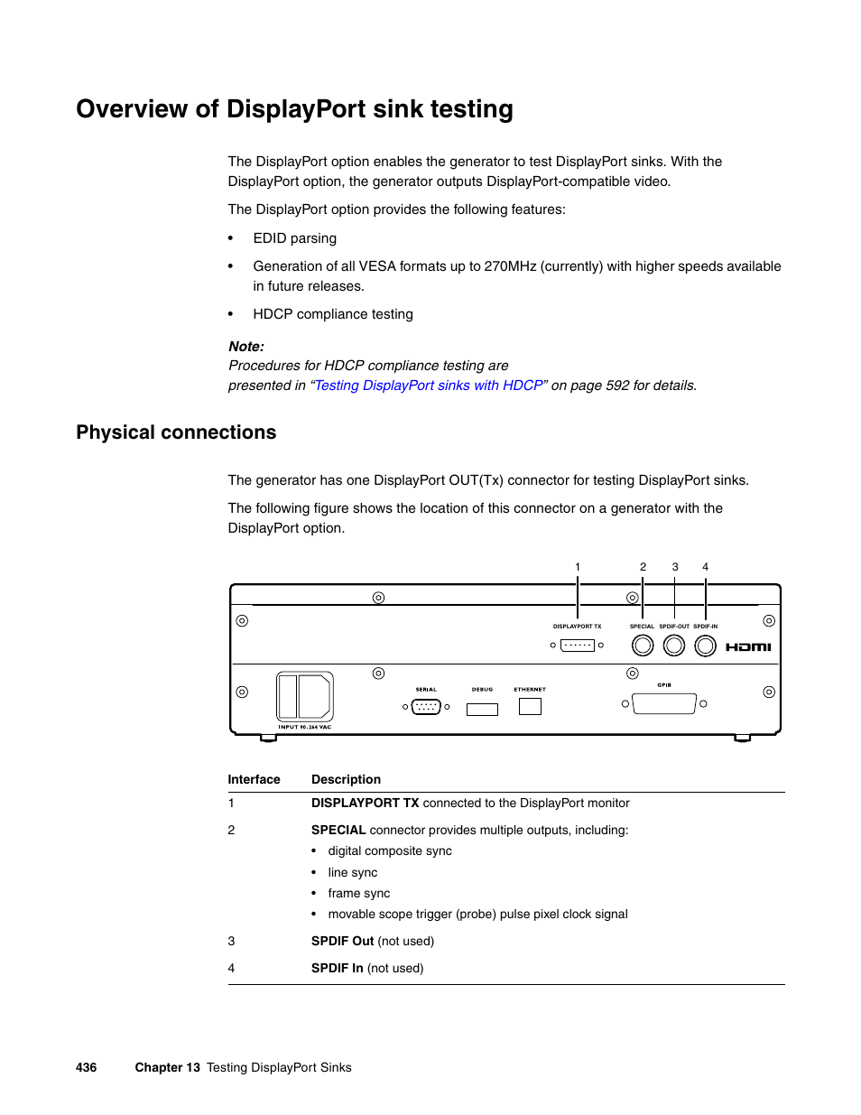 Overview of displayport sink testing, Physical connections | Quantum Data 881 User Manual | Page 454 / 1268