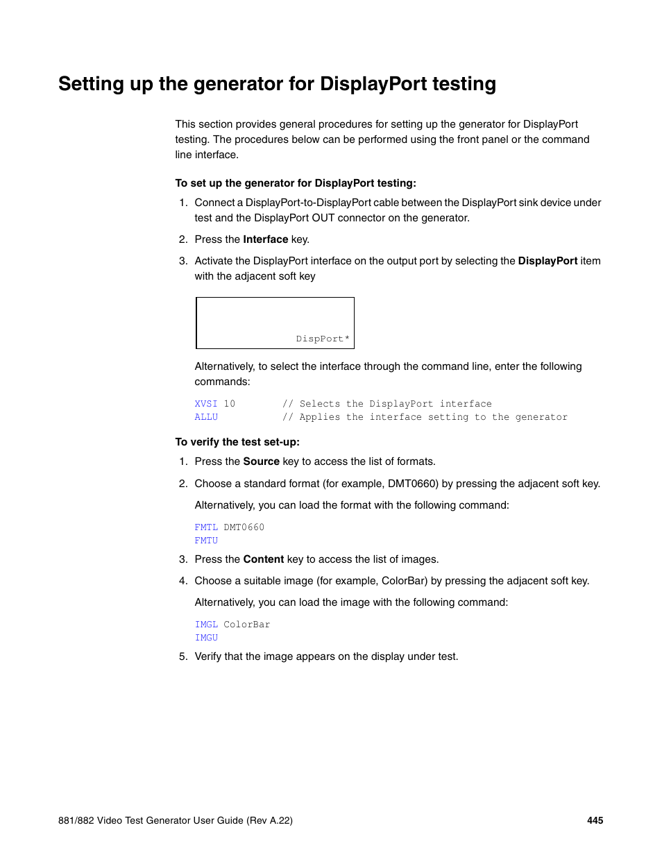 Setting up the generator for displayport testing | Quantum Data 881 User Manual | Page 463 / 1268