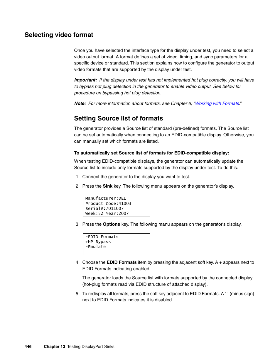 Selecting video format, Setting source list of formats | Quantum Data 881 User Manual | Page 464 / 1268
