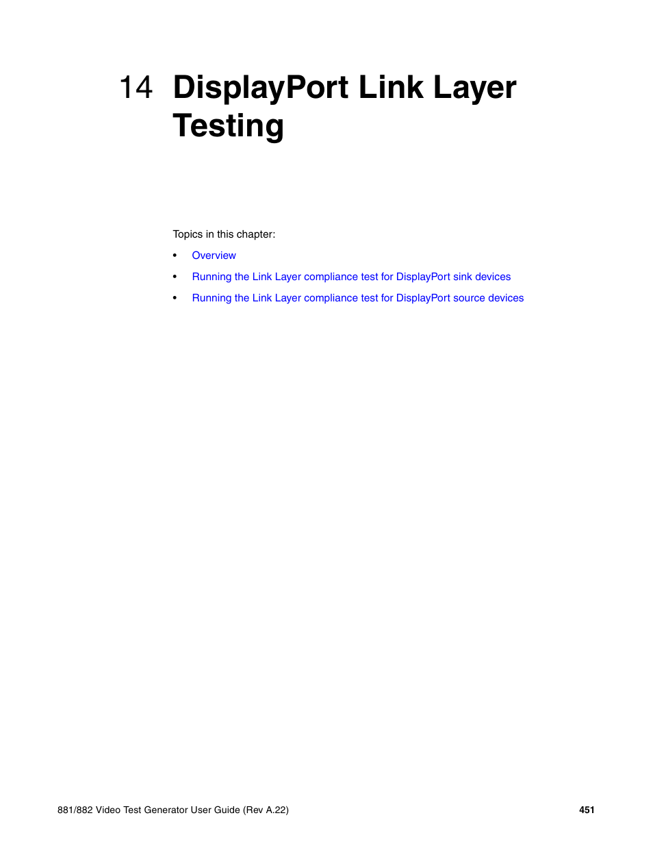 14 displayport link layer testing, Chapter 14 displayport link layer testing | Quantum Data 881 User Manual | Page 469 / 1268