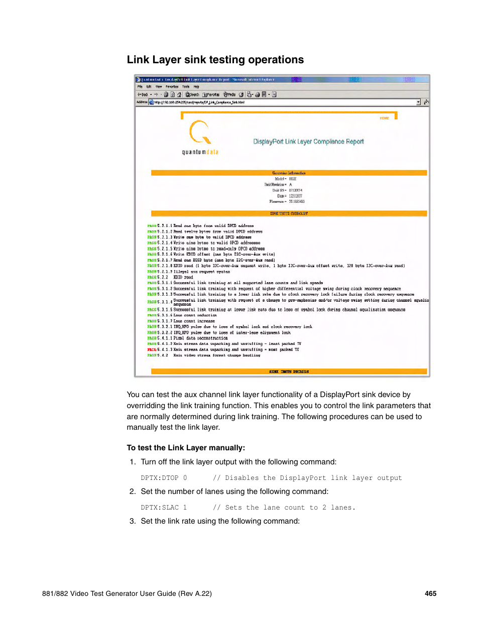 Link layer sink testing operations | Quantum Data 881 User Manual | Page 483 / 1268