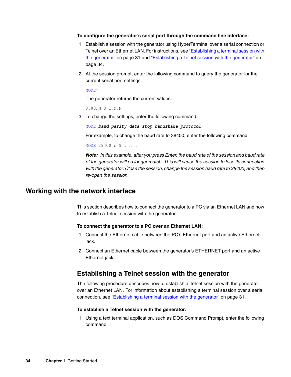Working with the network interface, Establishing a telnet session with the generator | Quantum Data 881 User Manual | Page 52 / 1268