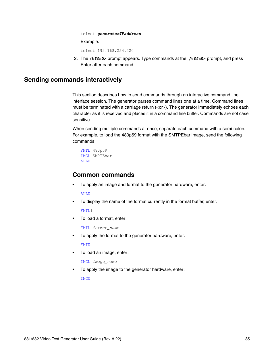 Sending commands interactively, Common commands | Quantum Data 881 User Manual | Page 53 / 1268