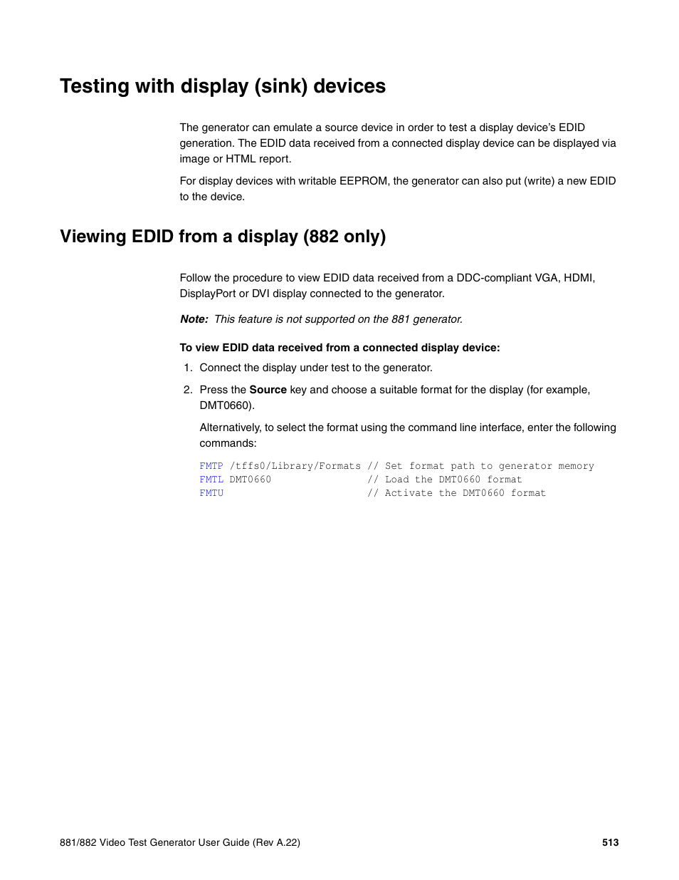 Testing with display (sink) devices, Viewing edid from a display (882 only) | Quantum Data 881 User Manual | Page 531 / 1268