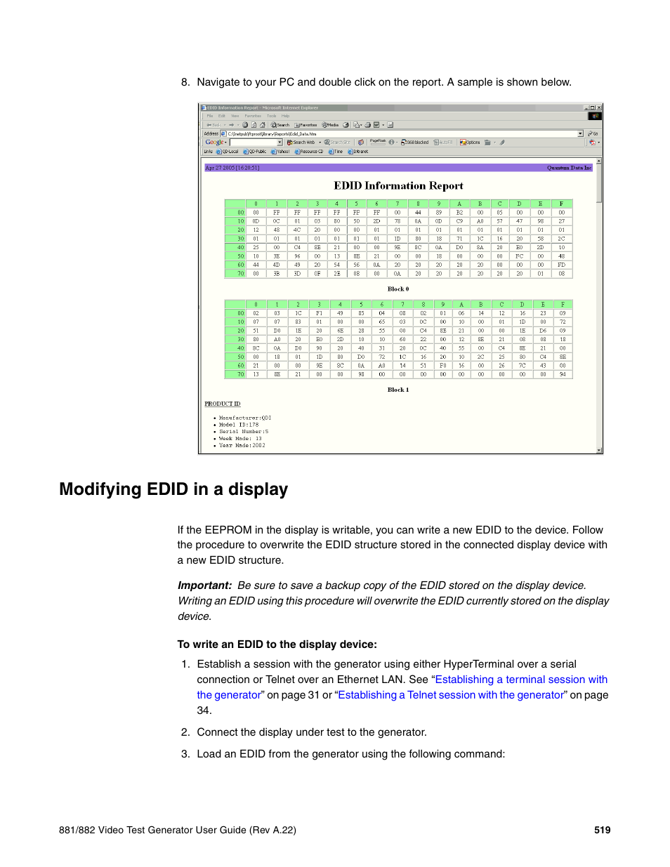 Modifying edid in a display | Quantum Data 881 User Manual | Page 537 / 1268