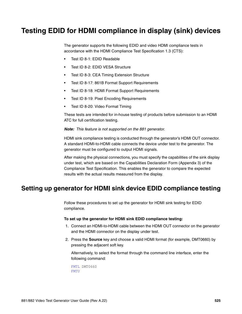 Testing edid for hdmi compliance in, Display (sink) devices | Quantum Data 881 User Manual | Page 543 / 1268