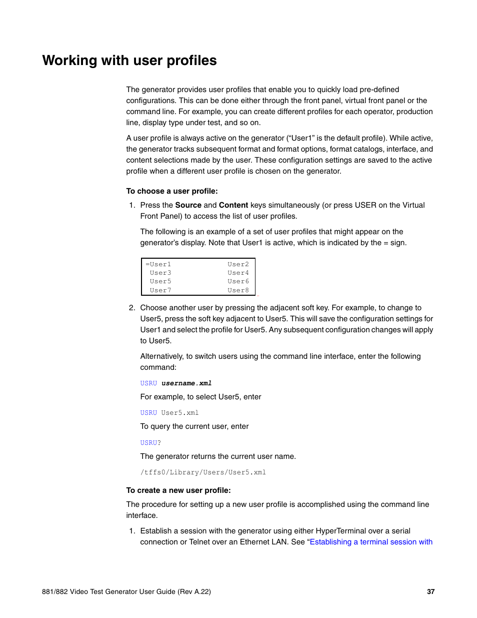 Working with user profiles | Quantum Data 881 User Manual | Page 55 / 1268