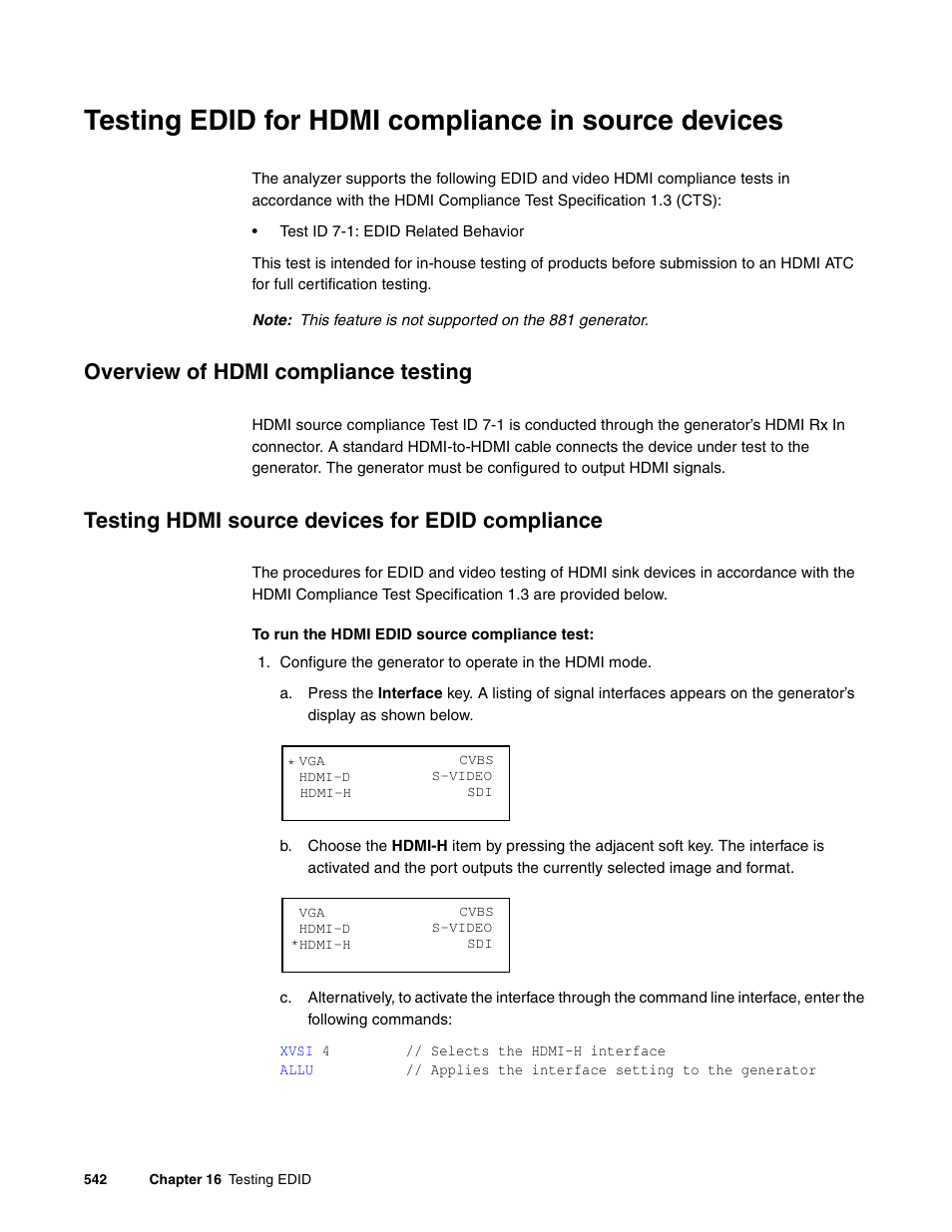 Testing edid for hdmi compliance in source devices, Overview of hdmi compliance testing, Testing hdmi source devices for edid compliance | Quantum Data 881 User Manual | Page 560 / 1268