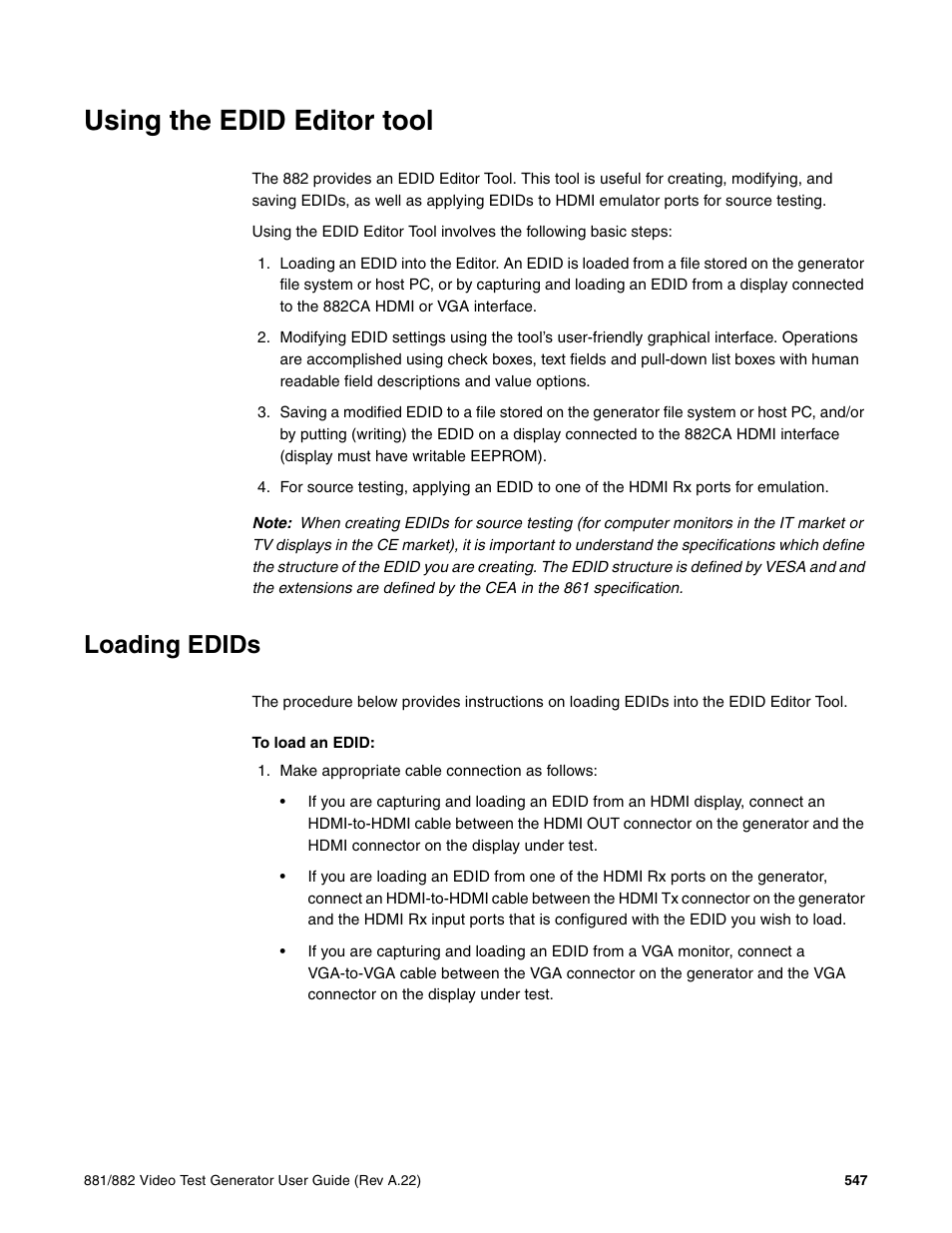 Using the edid editor tool, Loading edids | Quantum Data 881 User Manual | Page 565 / 1268