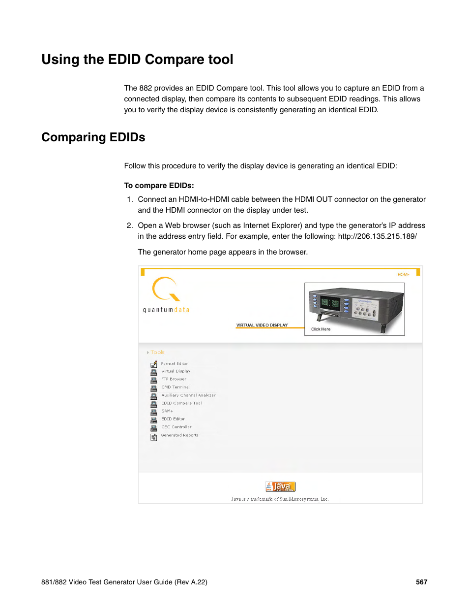 Using the edid compare tool, Comparing edids | Quantum Data 881 User Manual | Page 585 / 1268