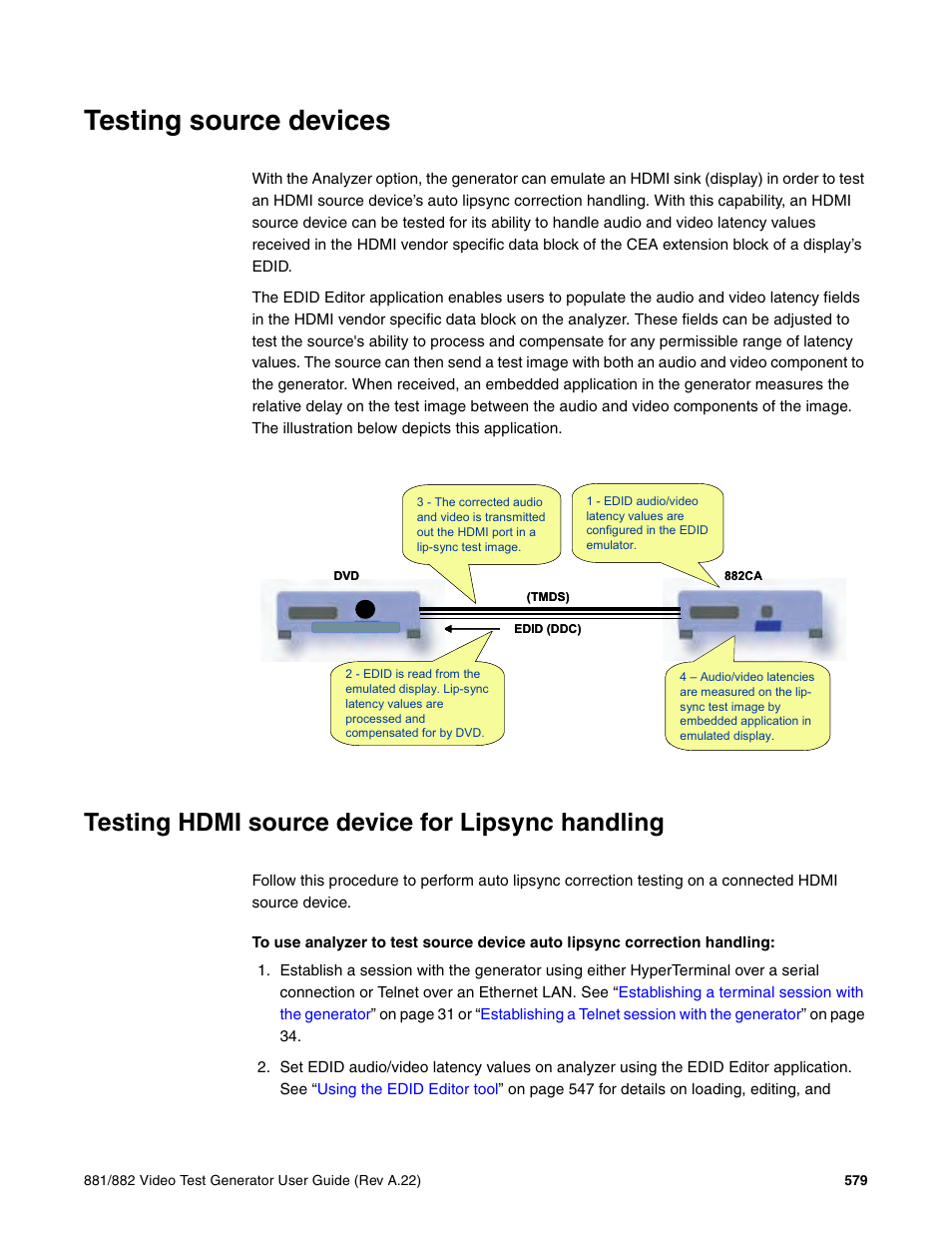 Testing source devices, Testing hdmi source device for lipsync handling | Quantum Data 881 User Manual | Page 597 / 1268