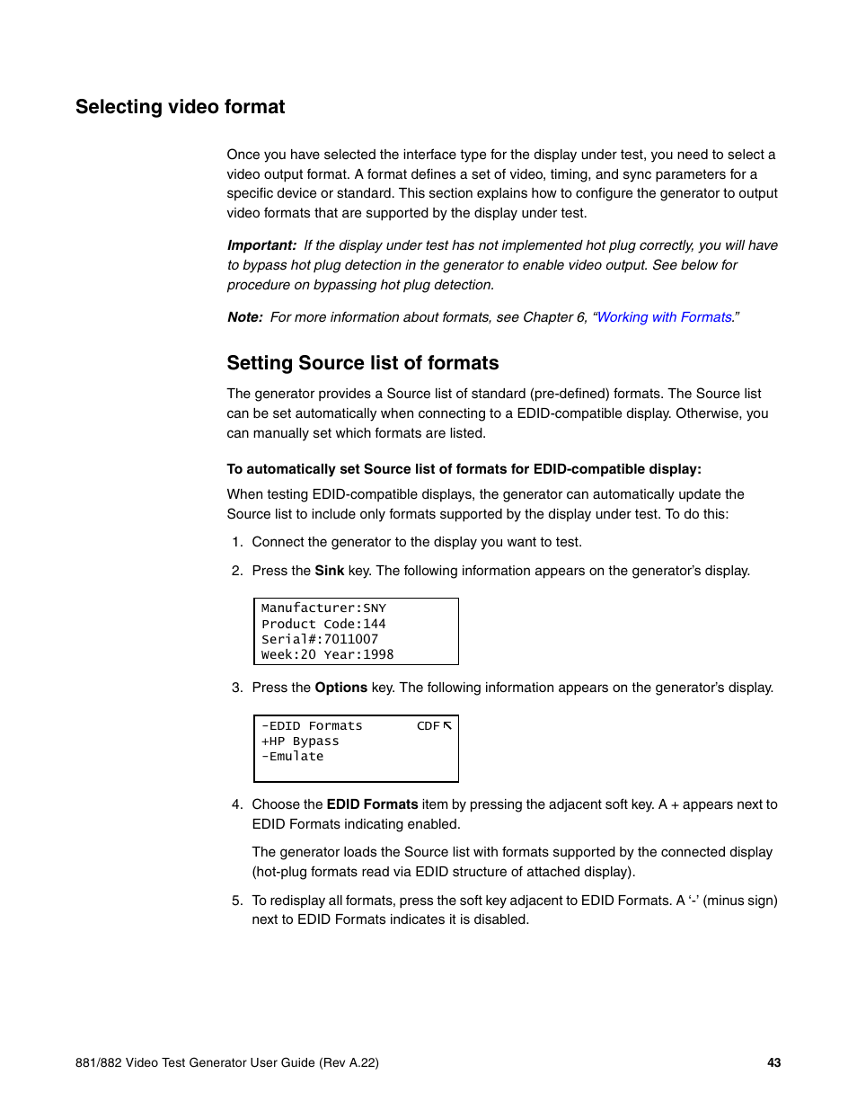 Selecting video format, Setting source list of formats | Quantum Data 881 User Manual | Page 61 / 1268