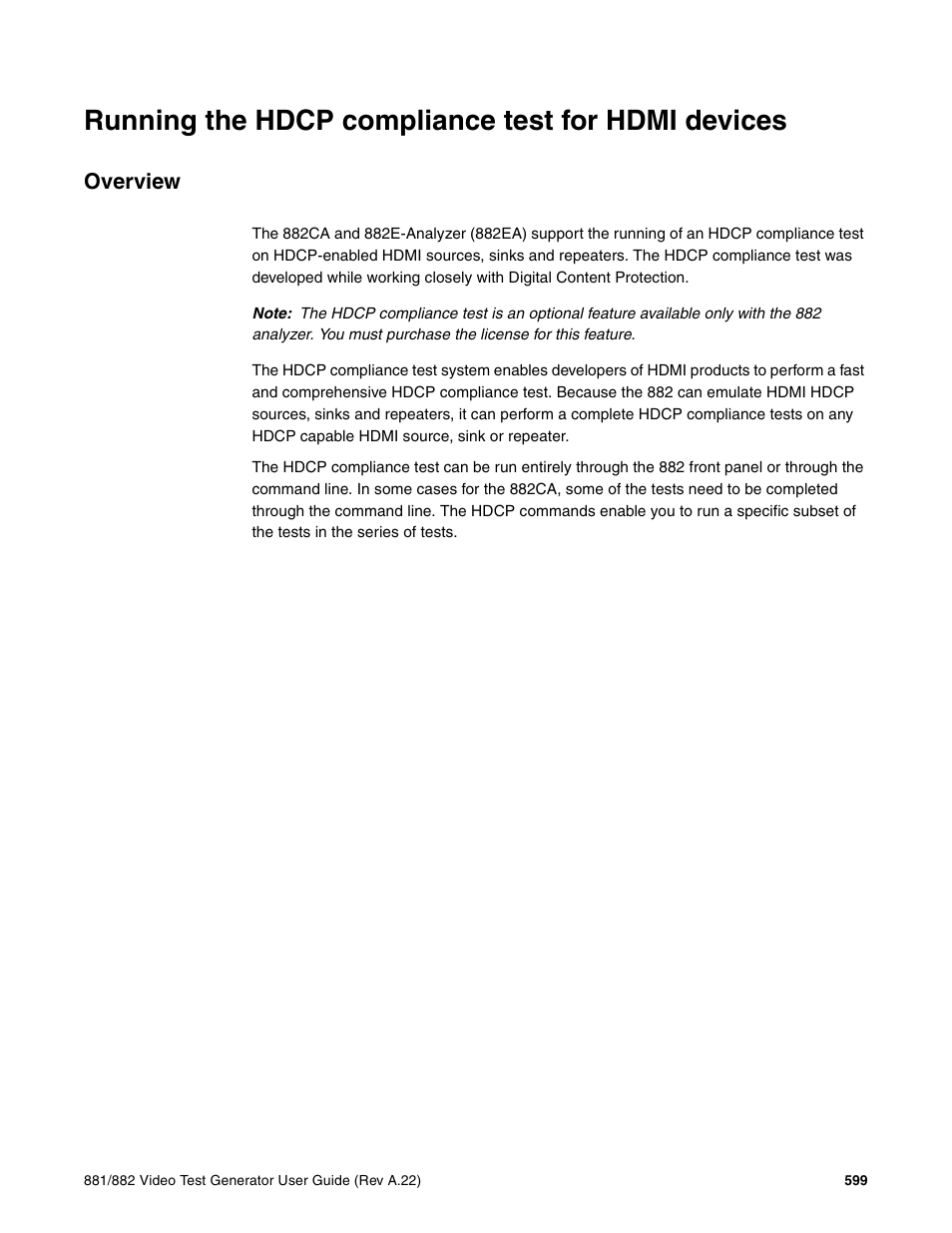 Running the hdcp compliance test for hdmi devices, Overview | Quantum Data 881 User Manual | Page 617 / 1268