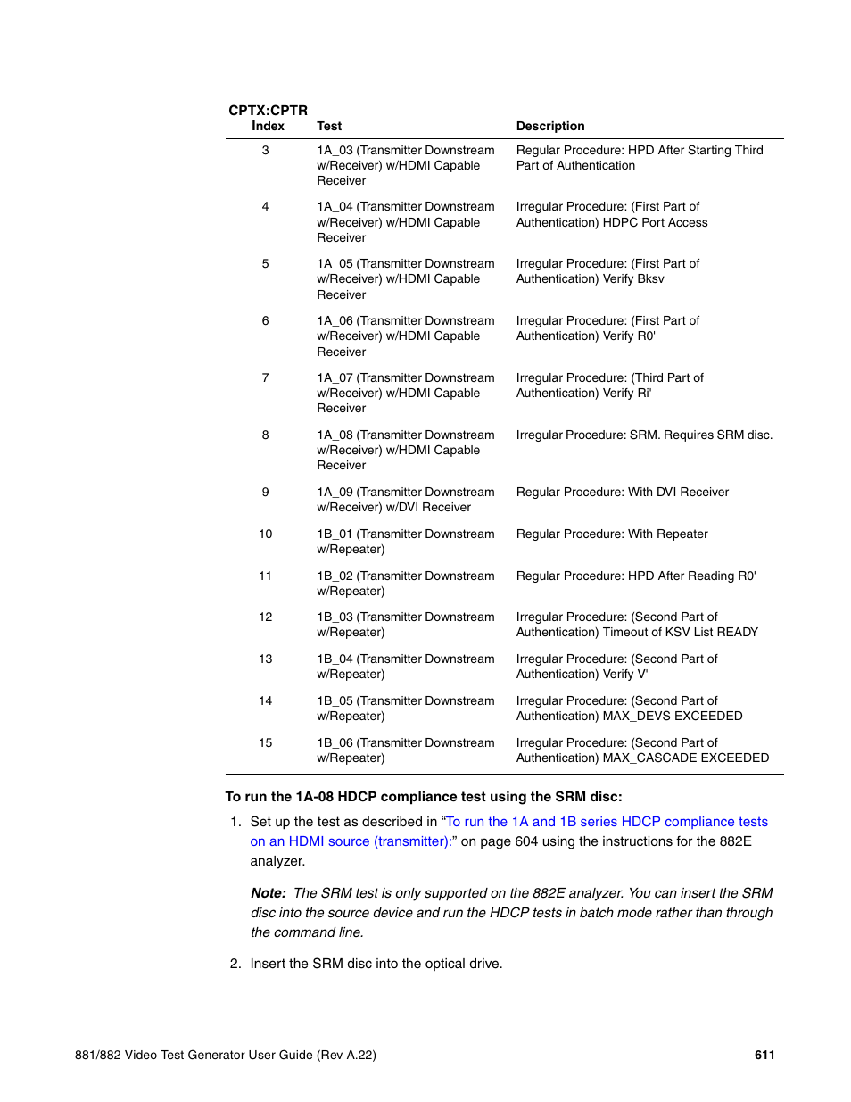 To run the 1a-08 hdcp compliance test, Using the srm disc | Quantum Data 881 User Manual | Page 629 / 1268