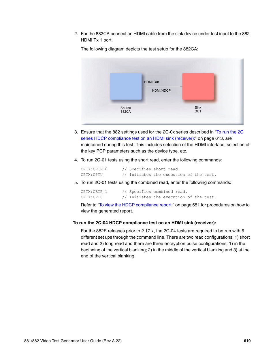 To run the 2c-04 hdcp compliance test, On an hdmi sink (receiver) | Quantum Data 881 User Manual | Page 637 / 1268