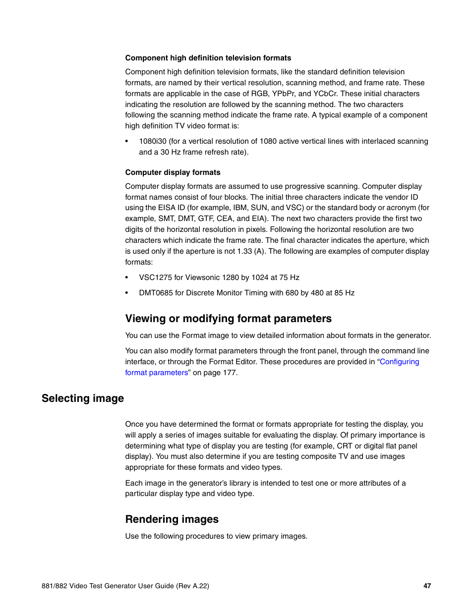 Component high definition television formats, Computer display formats, Viewing or modifying format parameters | Selecting image, Rendering images | Quantum Data 881 User Manual | Page 65 / 1268