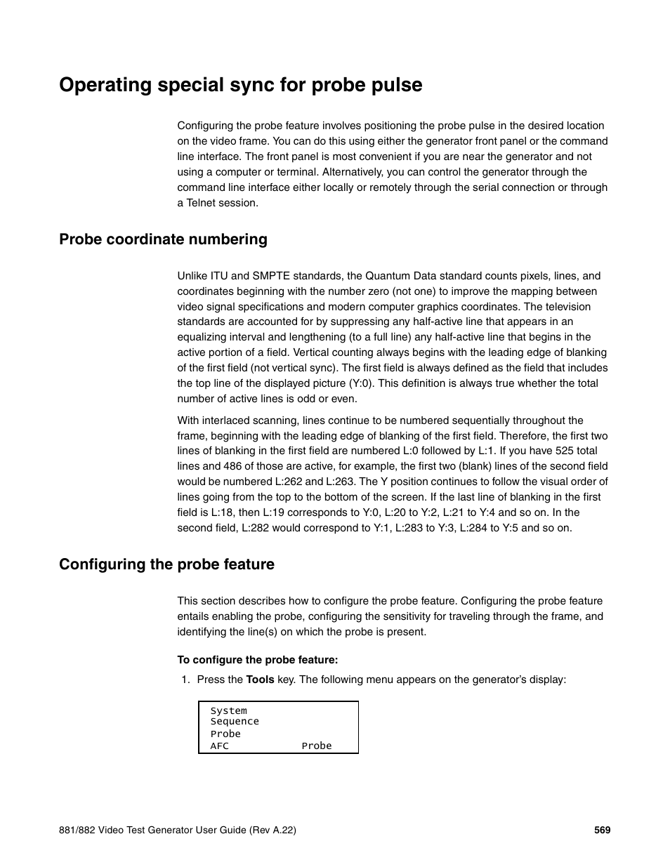 Operating special sync for probe pulse, Probe coordinate numbering, Configuring the probe feature | Quantum Data 881 User Manual | Page 685 / 1268