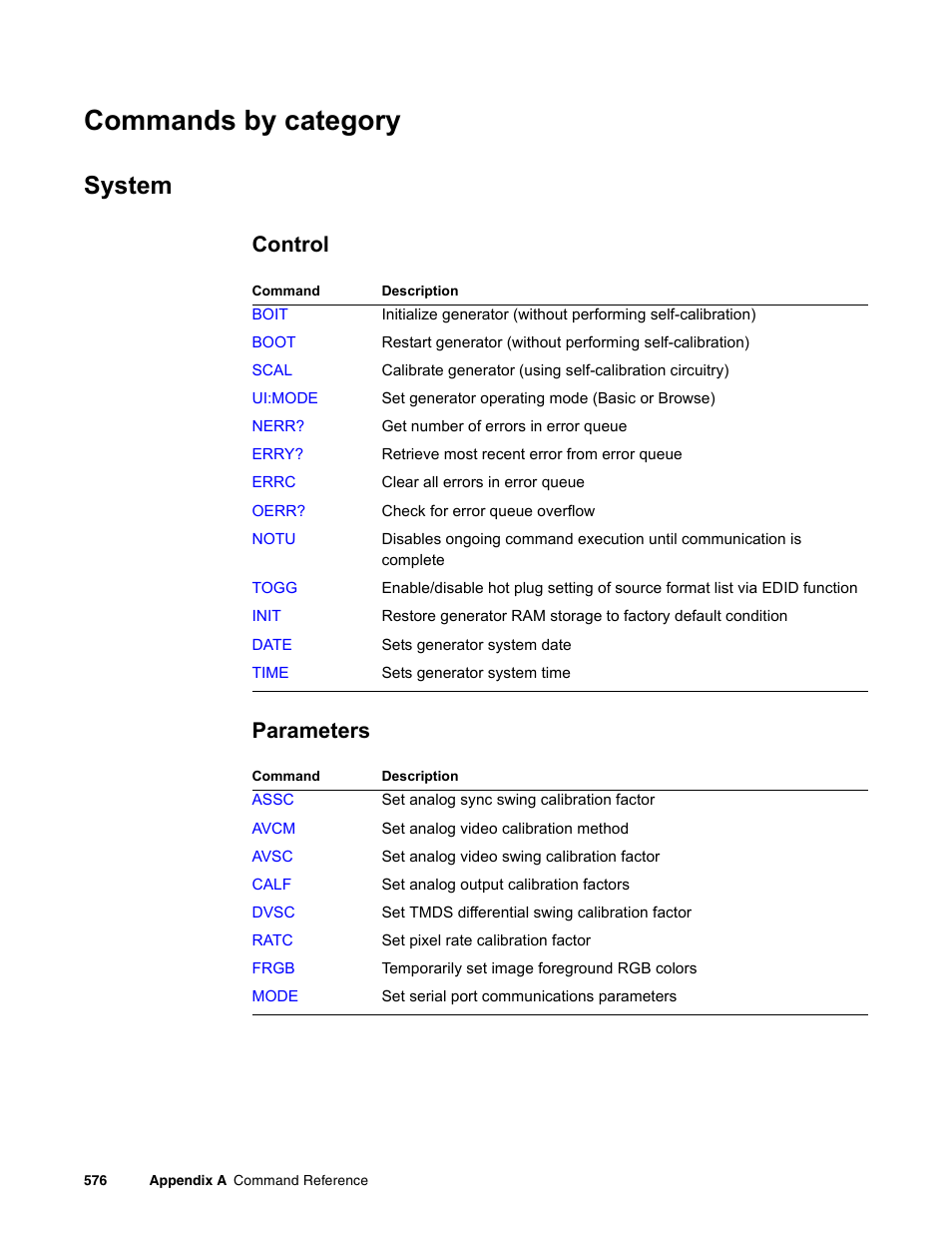 Commands by category, System, Control | Parameters | Quantum Data 881 User Manual | Page 692 / 1268