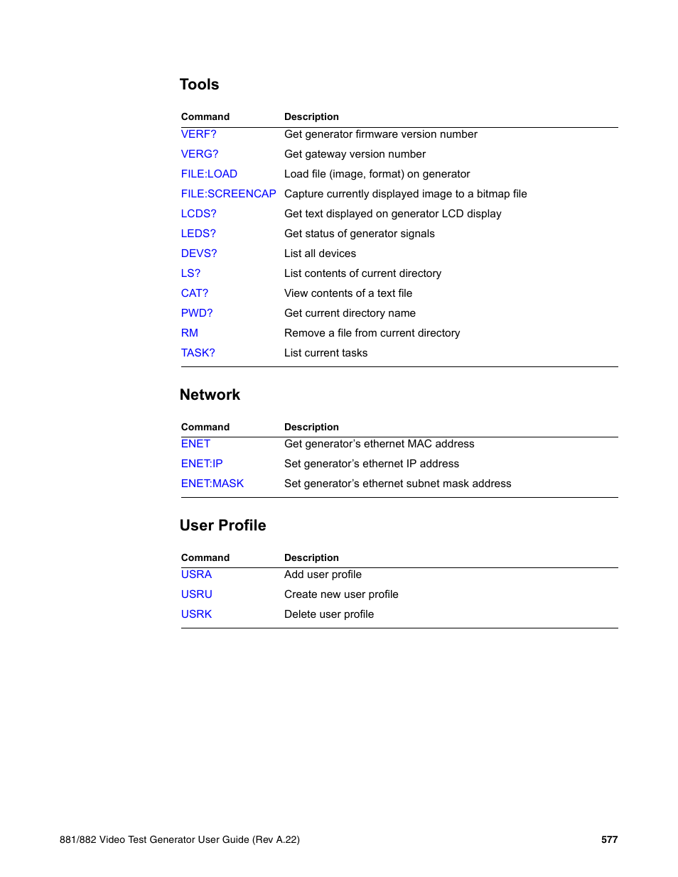 Tools, Network, User profile | Quantum Data 881 User Manual | Page 693 / 1268