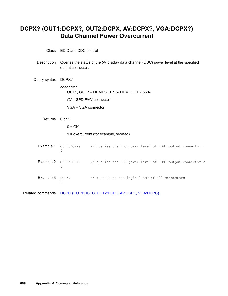 Dcpx? (out1:dcpx?, out2:dcpx, av:dcpx?, vga:dcpx?) | Quantum Data 881 User Manual | Page 784 / 1268