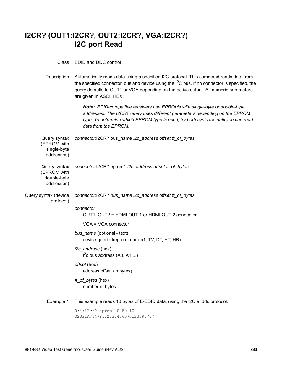 I2cr? (out1:i2cr?, out2:i2cr?, vga:i2cr?), I2cr? (out1:i2cr?, out2:i2cr, Vga:i2cr?) | Quantum Data 881 User Manual | Page 899 / 1268