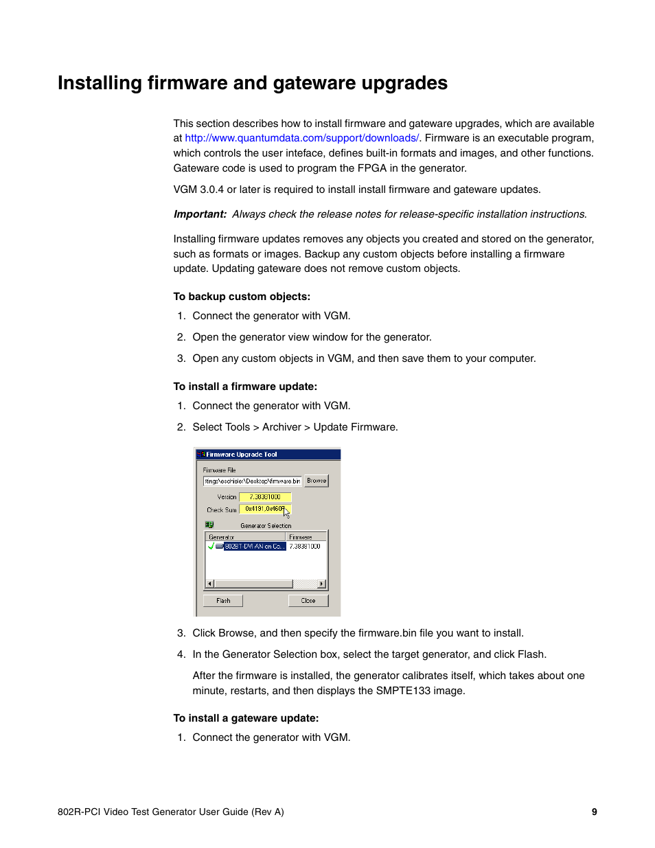 Installing firmware and gateware upgrades | Quantum Data 802R-PCI User Manual | Page 13 / 26