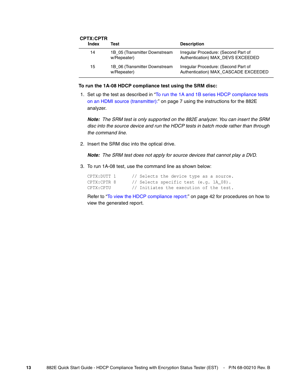 To run the 1a-08 hdcp compliance test using the, Srm disc | Quantum Data 882E User Manual | Page 14 / 48