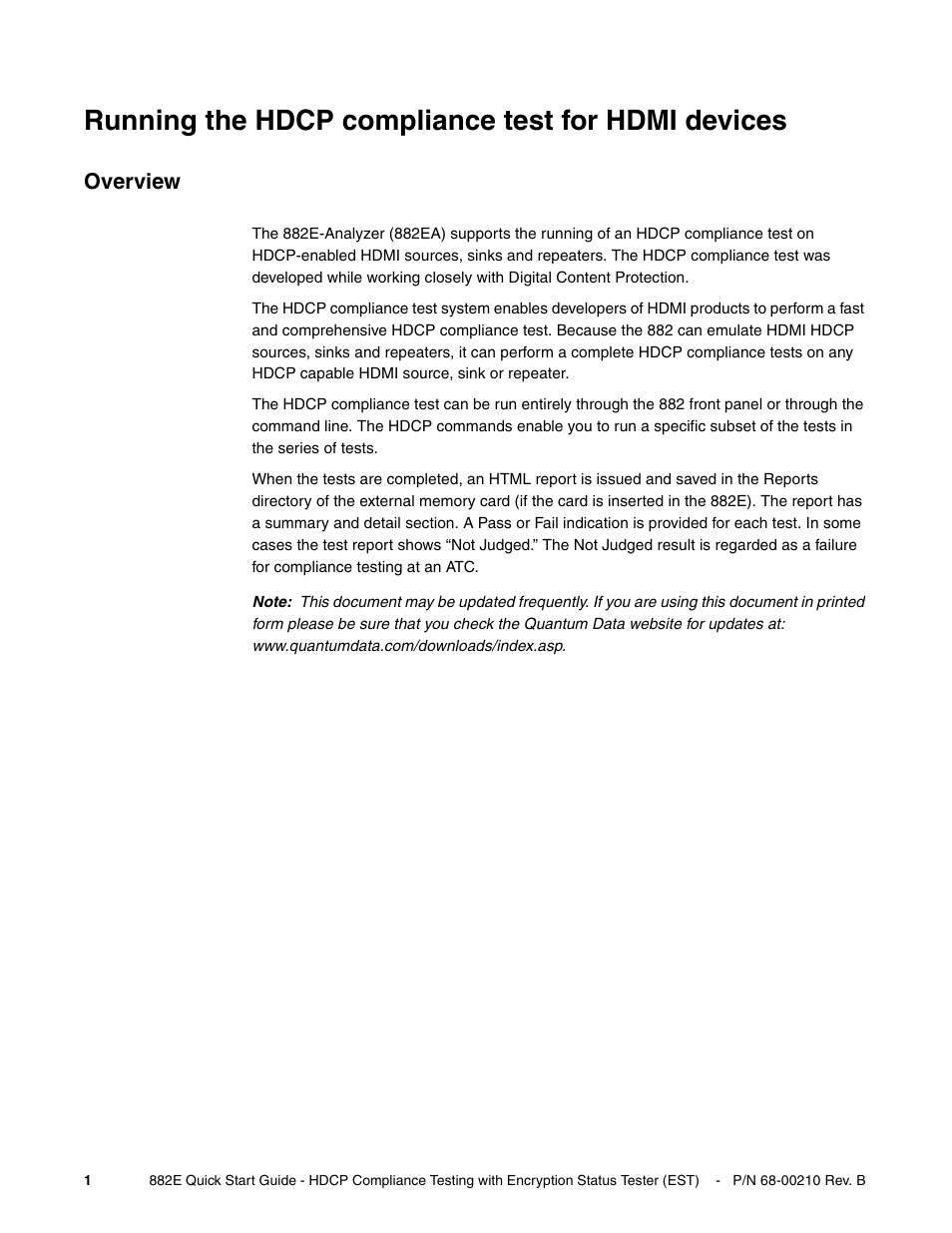 Running the hdcp compliance test for hdmi devices, Overview | Quantum Data 882E User Manual | Page 2 / 48