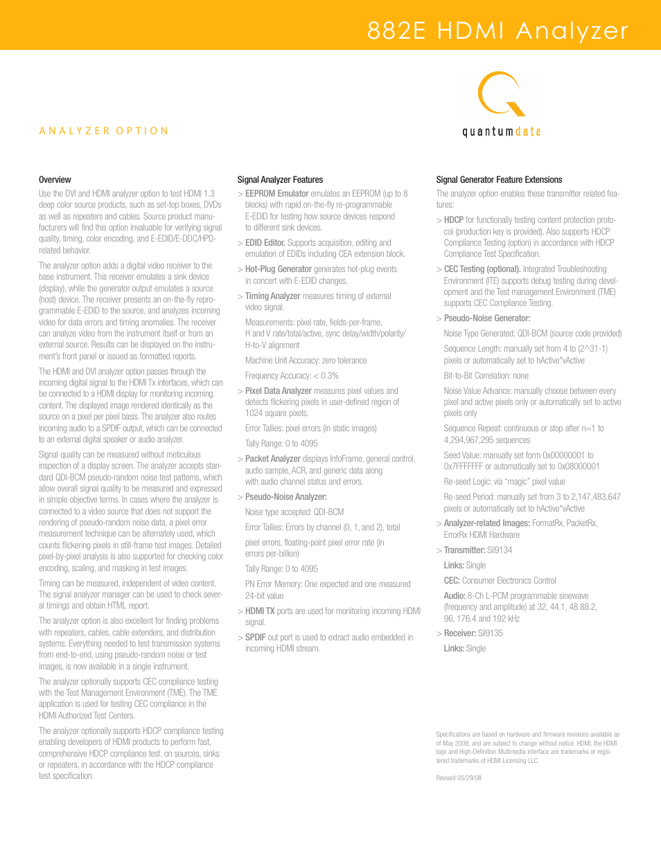 882e hdmi analyzer | Quantum Data 881E User Manual | Page 3 / 3