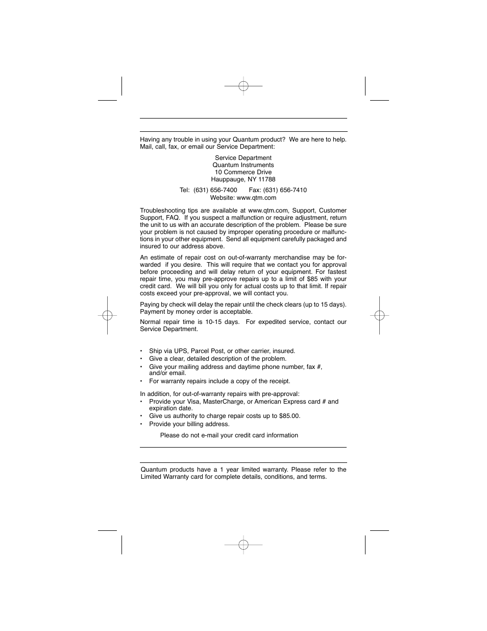 Customer service limited warranty | Quantum Instruments QFX5d-R User Manual | Page 37 / 40