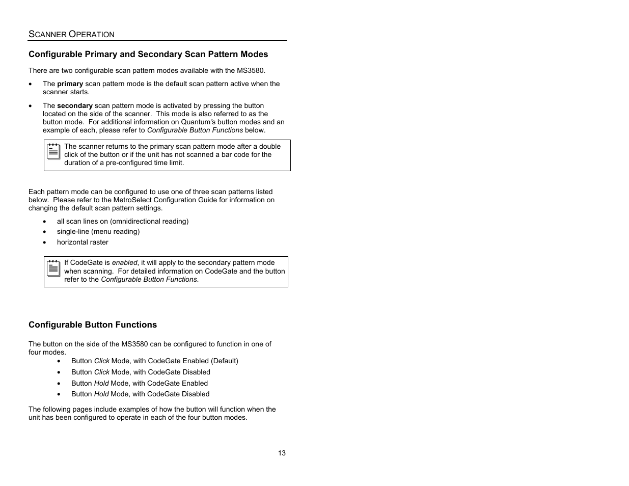 Scanner operation, Configurable button functions | Quantum Instruments MS3580 User Manual | Page 17 / 56